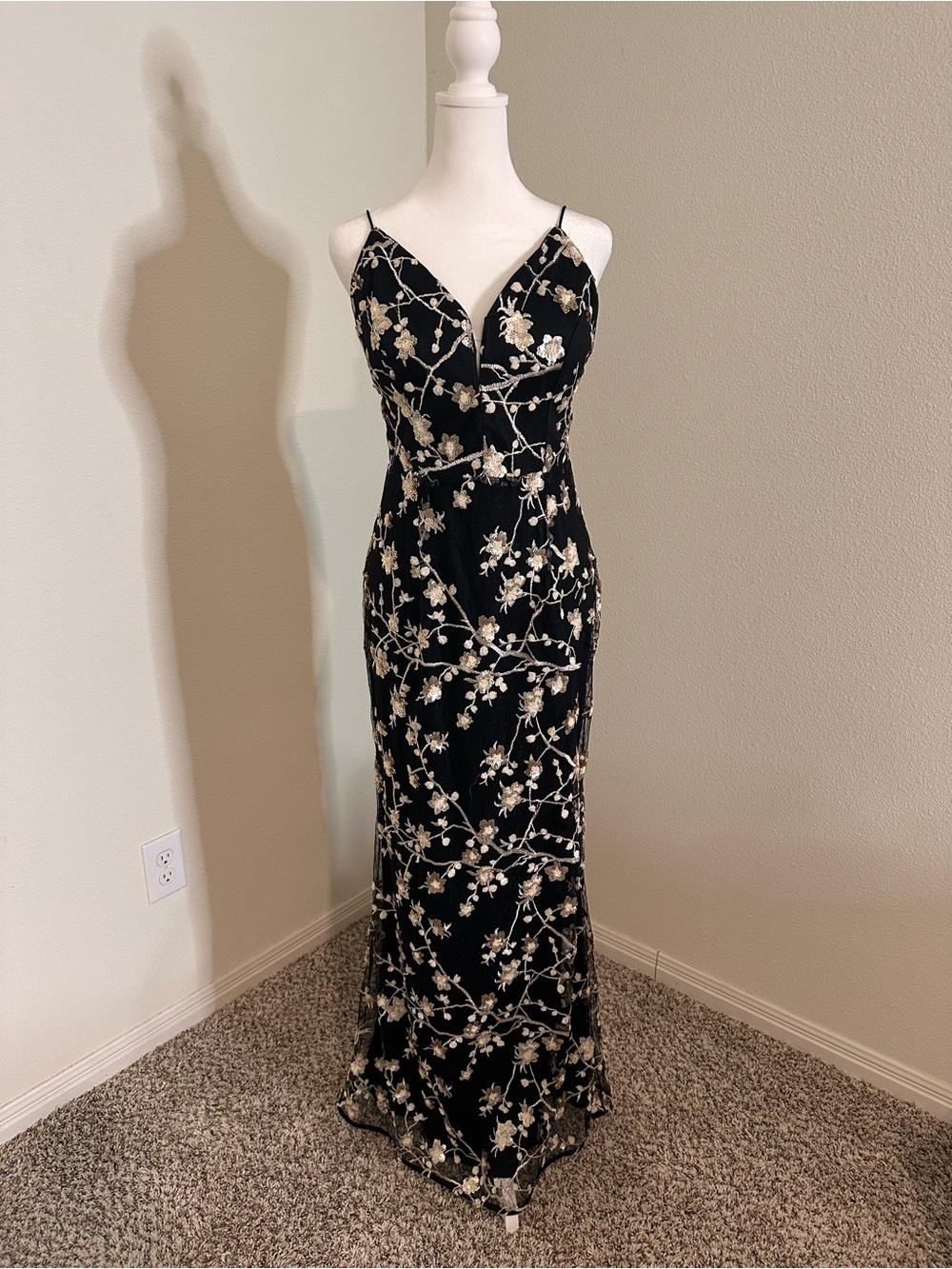 Soieblu Black Maxi Slip Dress with Cream Floral Embroidery
